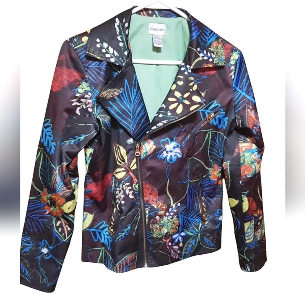 RARE Chico's Satin Multicolored Jacket Blazer Asymmetrical Tropical Size Sma